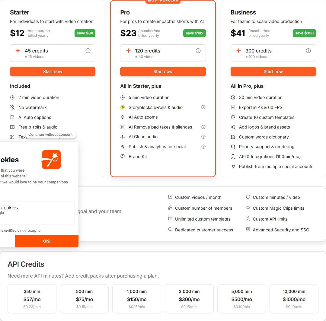 Submagic's pricing page showing the Starter, Pro and Business plans