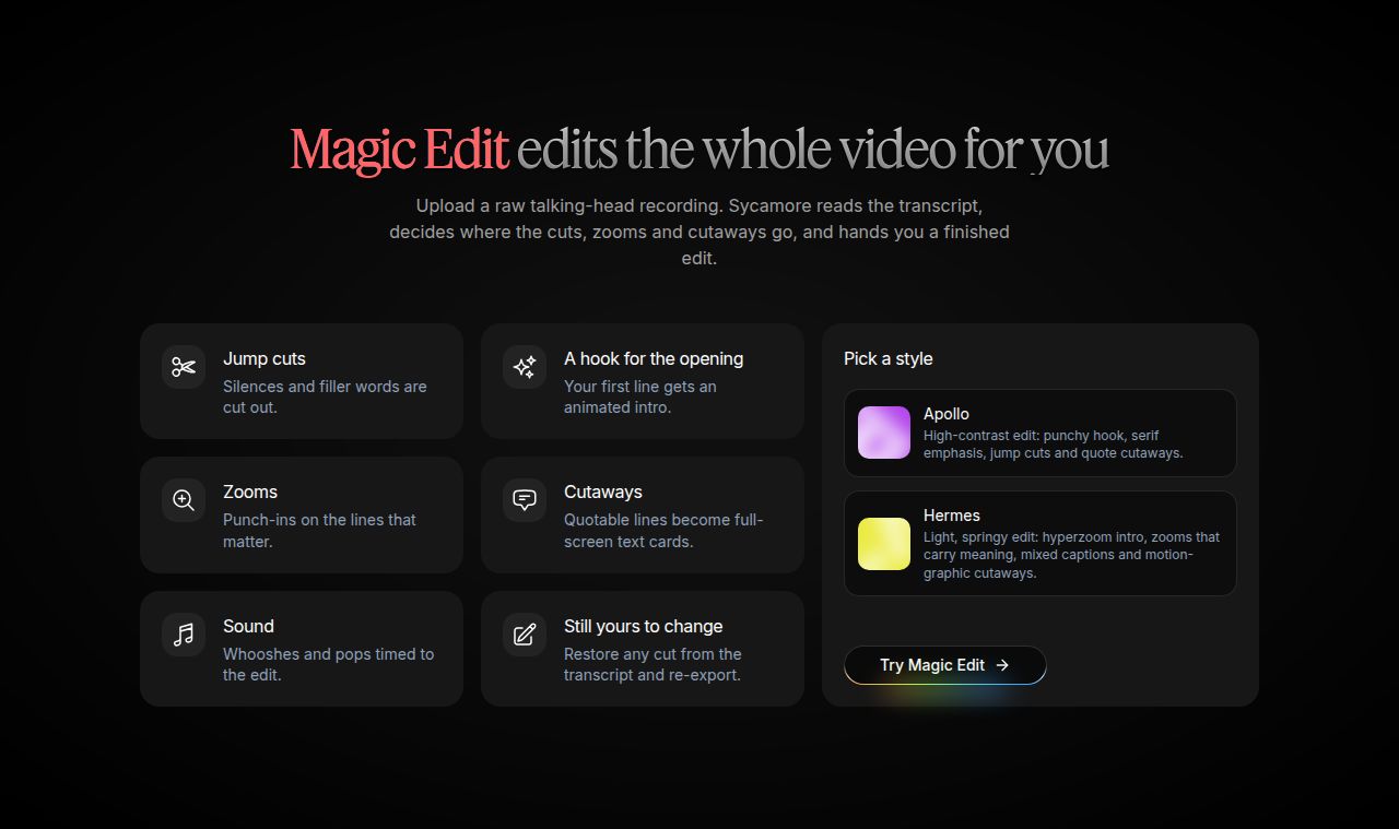 Sycamore homepage section describing Magic Edit, with jump cuts, zooms and cutaways