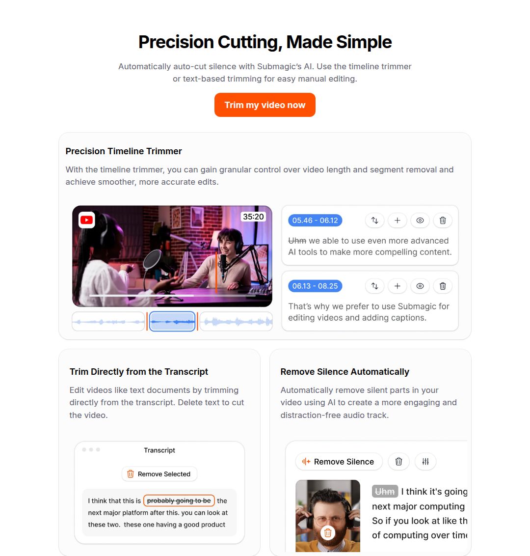 Submagic trim page showing automatic silence removal, a timeline trimmer and transcript trimming