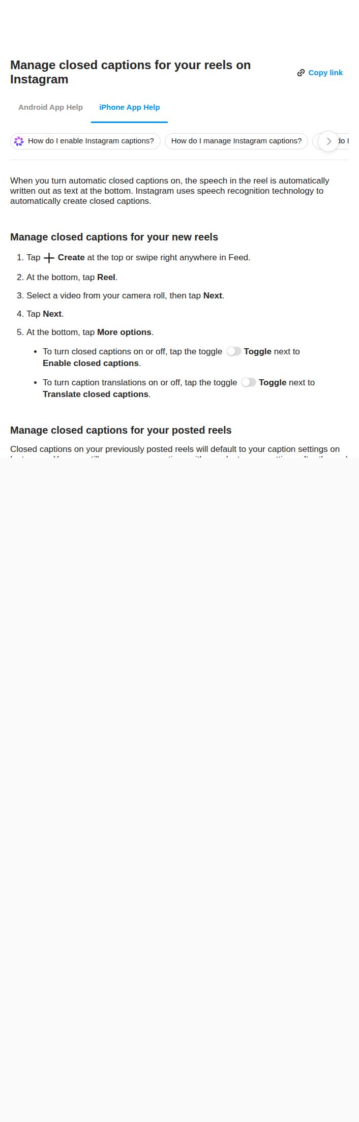 Instagram help page showing the Enable closed captions toggle under More options