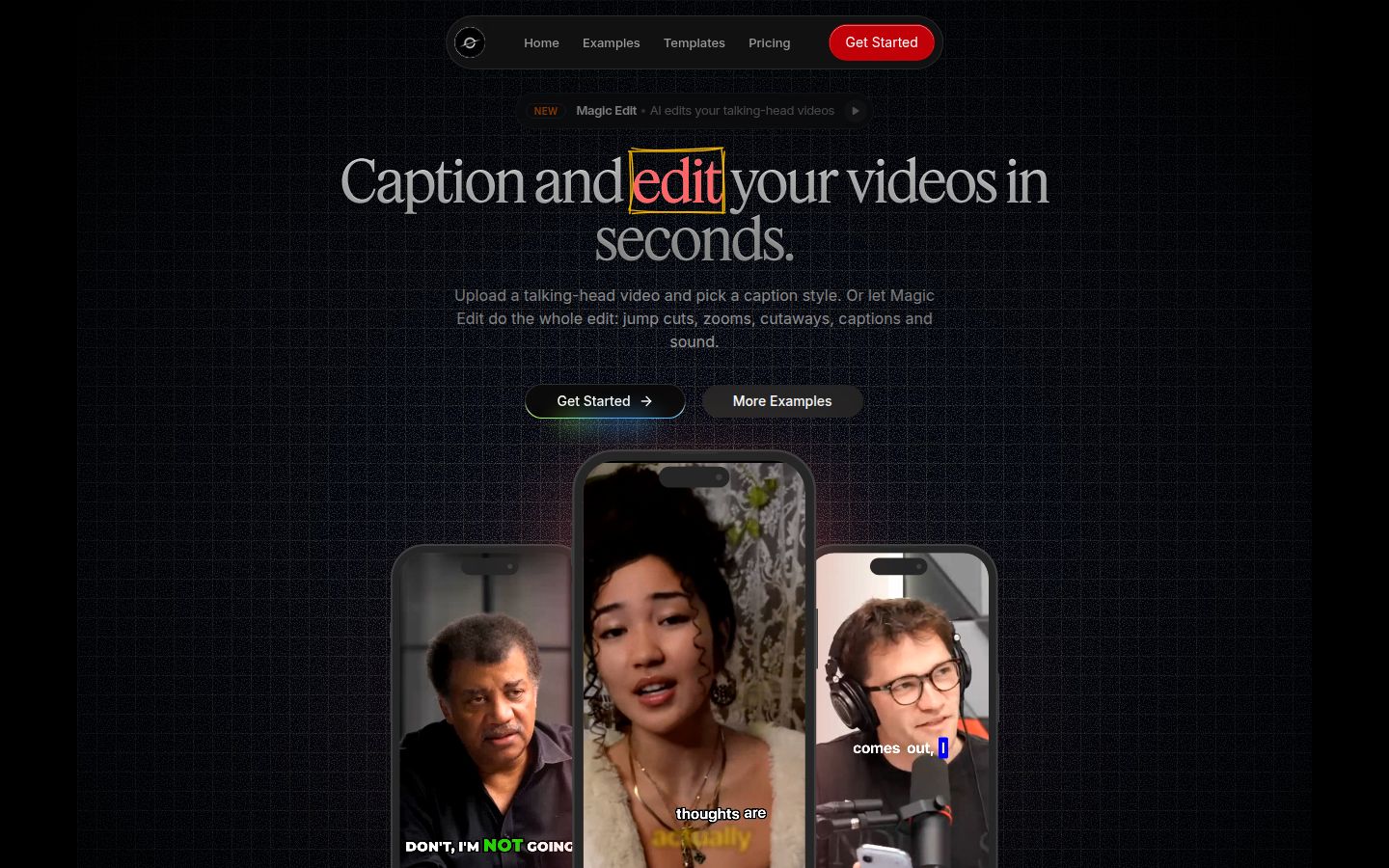 Sycamore homepage showing the headline "Caption and edit your videos in seconds" and the Get Started button