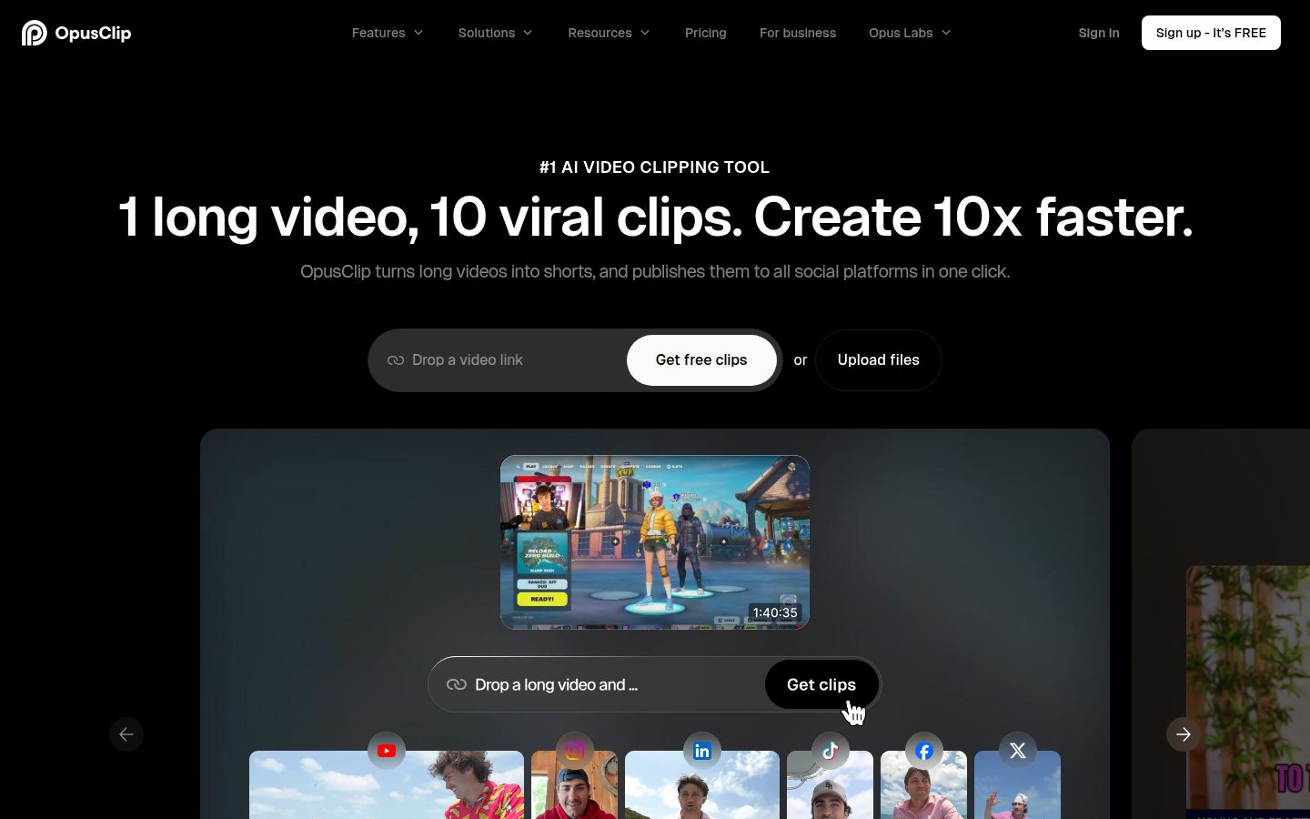 Opus Clip's homepage