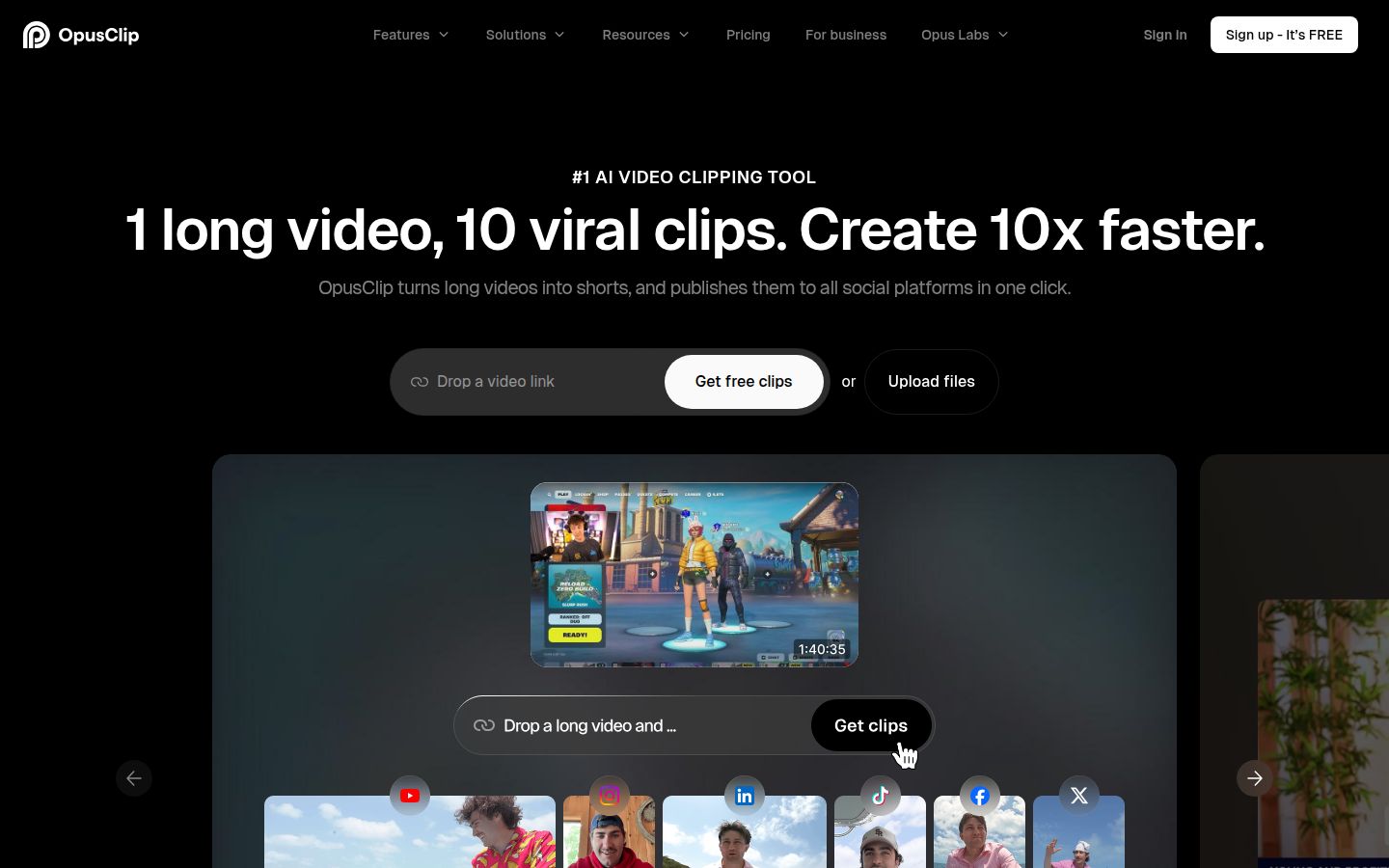 Opus Clip's homepage