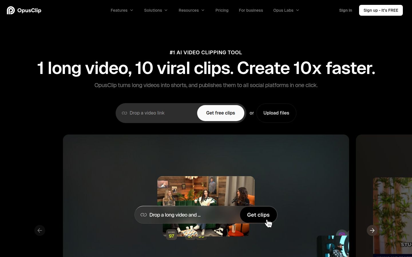 Opus Clip's homepage
