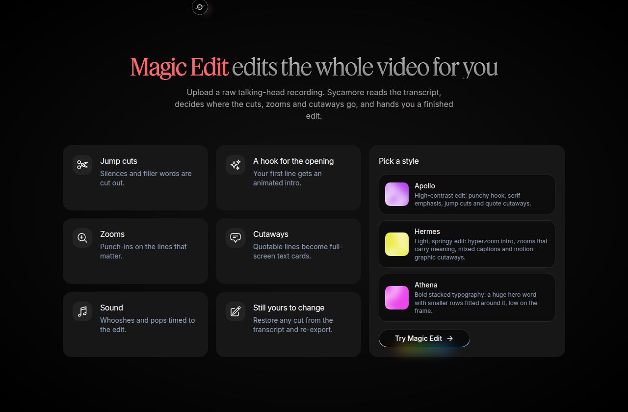 Sycamore's Magic Edit section, showing the edit features and style picker