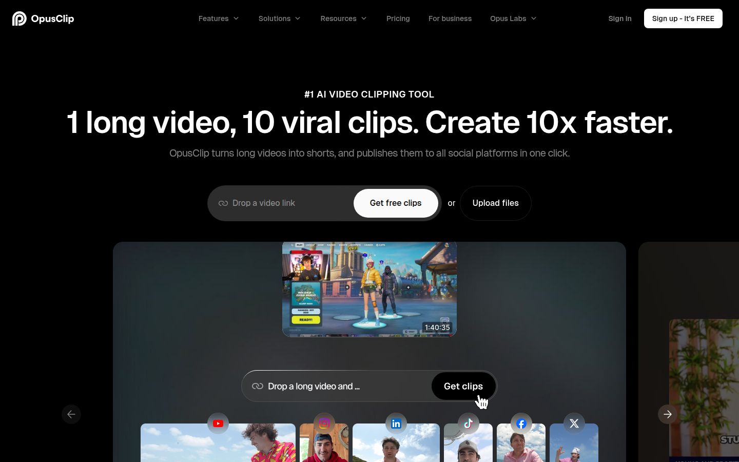 Opus Clip's homepage