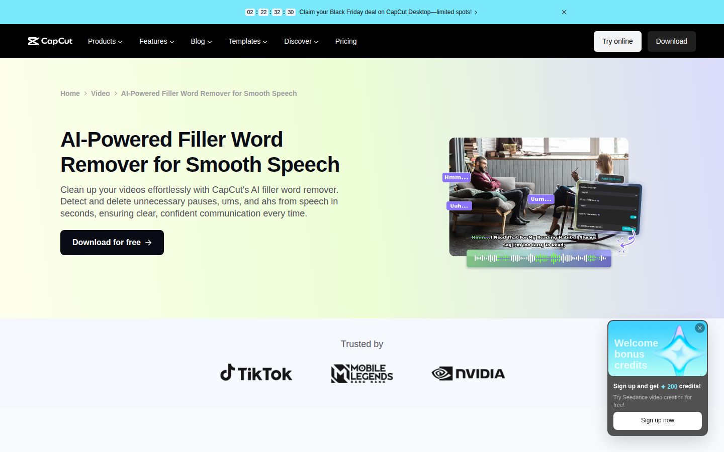 CapCut's filler words page