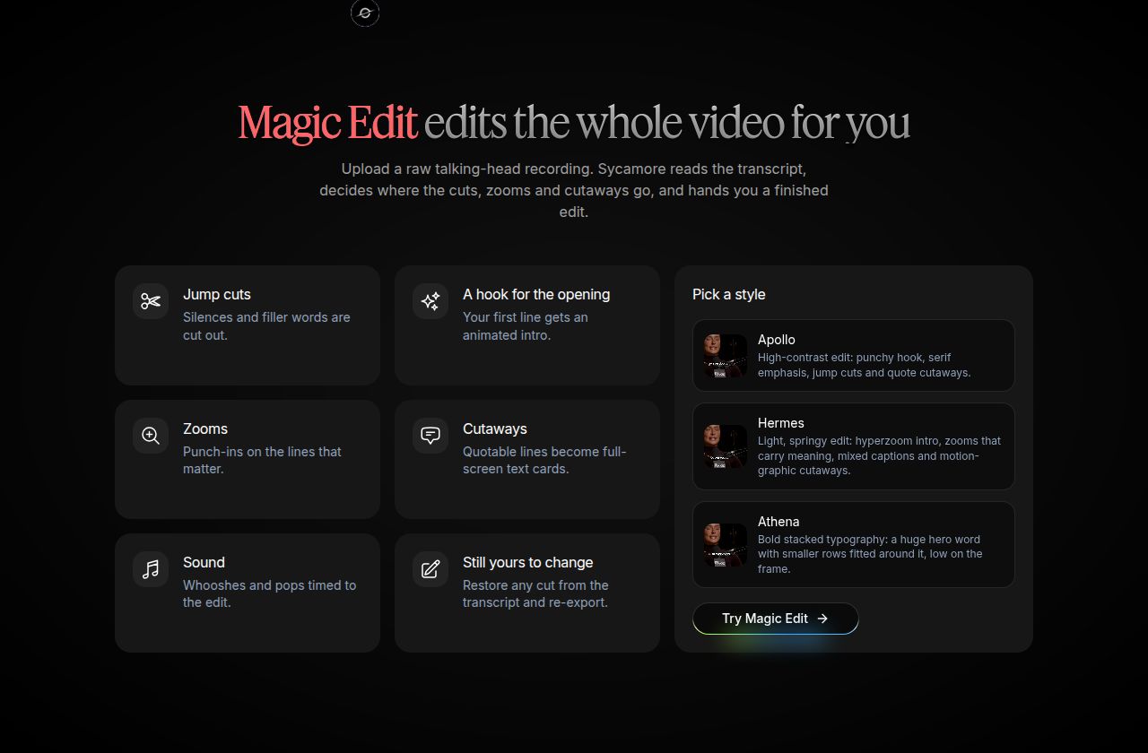 Sycamore's Magic Edit section, showing what the edit includes