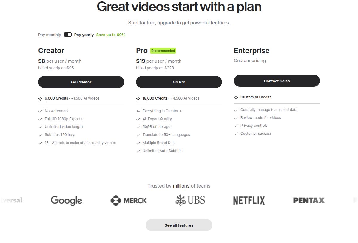 VEED's pricing page showing the Creator and Pro plans