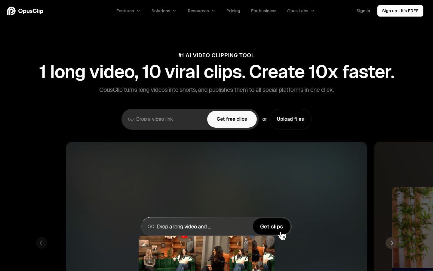 Opus Clip's homepage