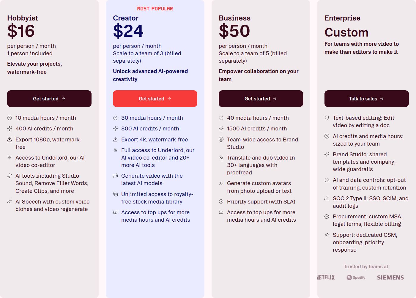 Descript's pricing plans: Hobbyist and Creator