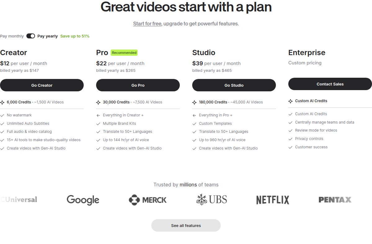 VEED's pricing plans: Creator, Pro and Studio