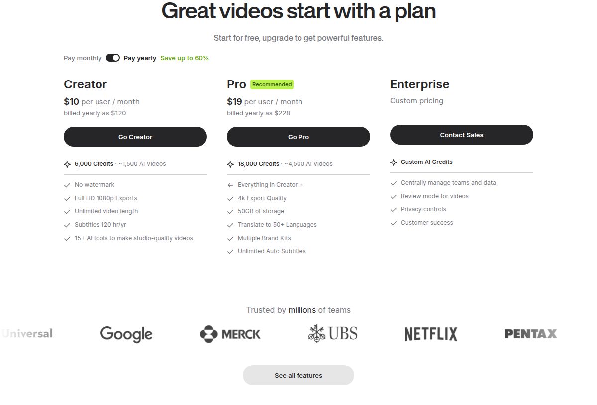 VEED's pricing page showing the Creator and Pro plans