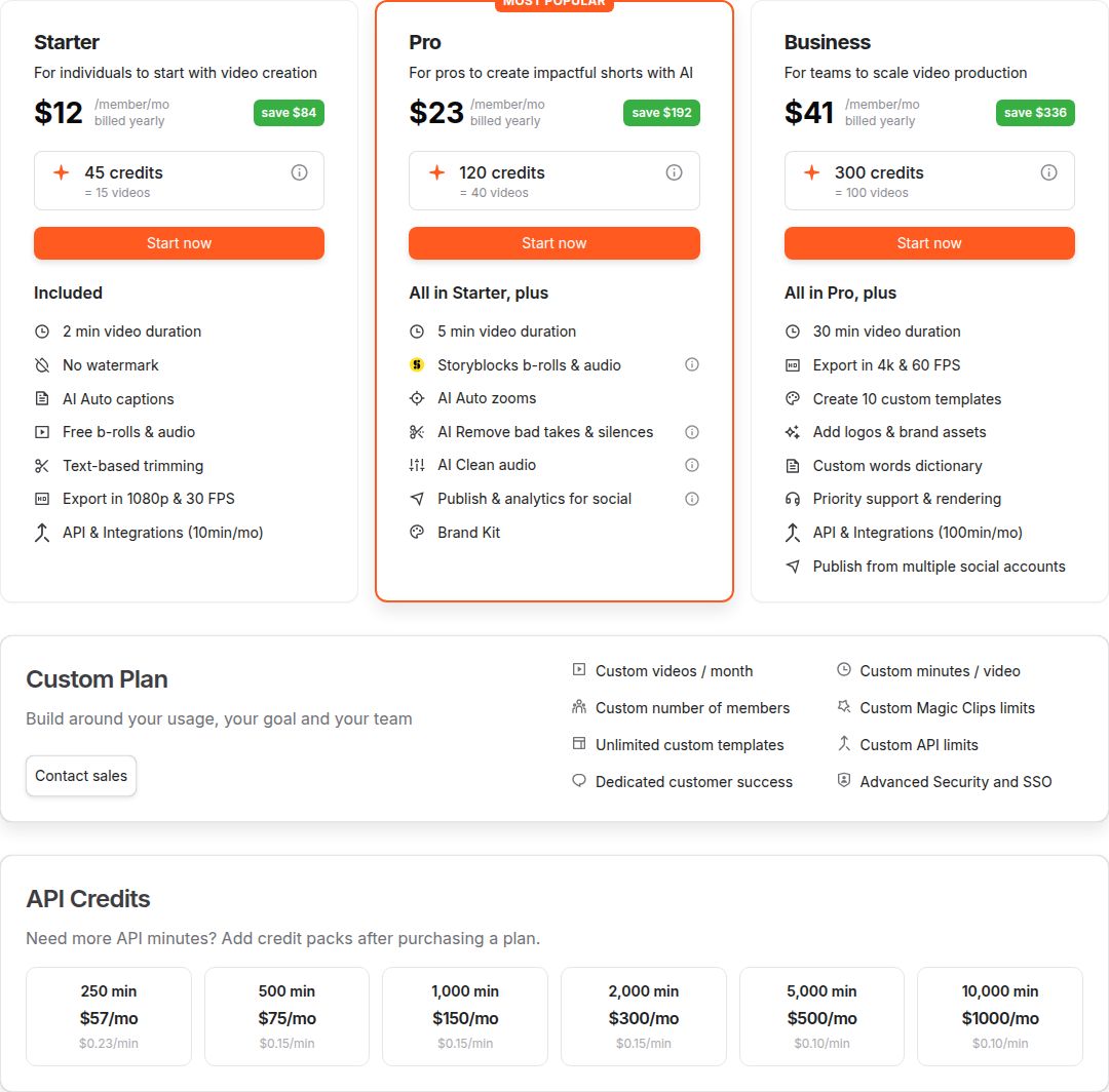 Submagic's pricing page showing the Starter, Pro and Business plans