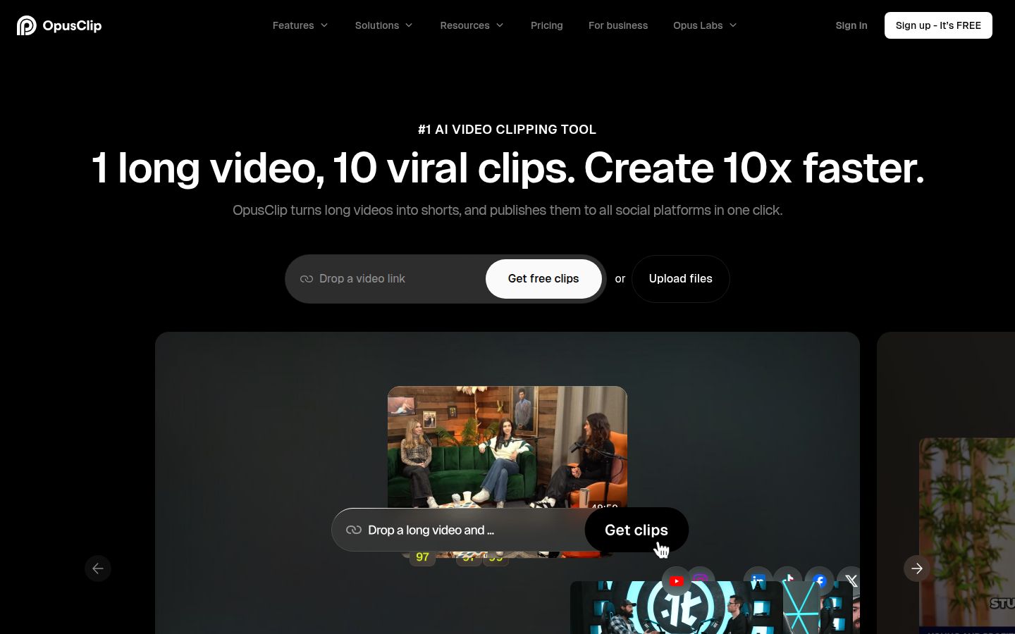 Opus Clip's homepage