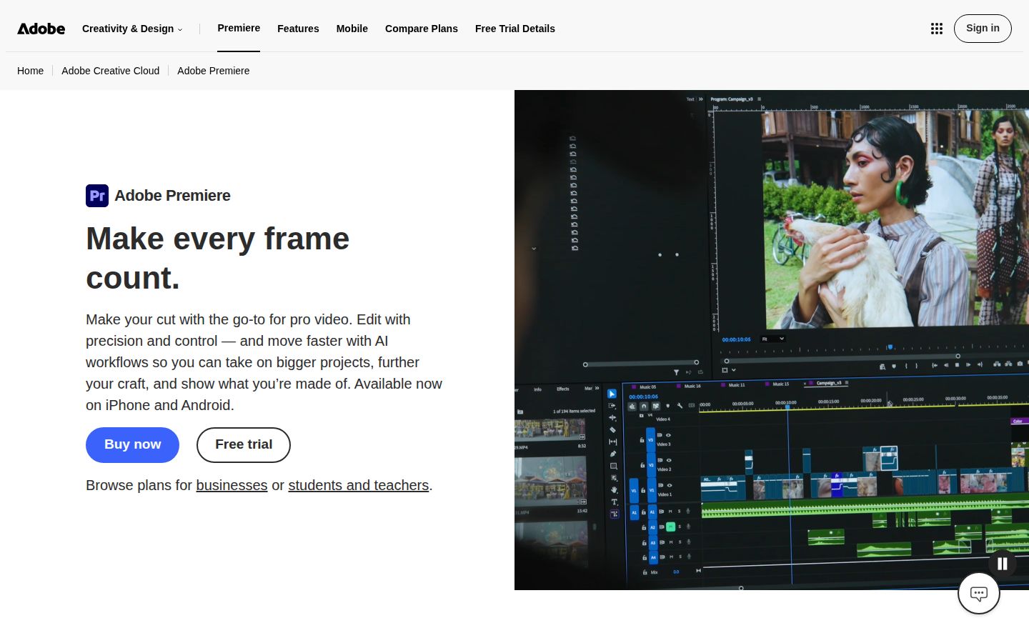 Adobe Premiere's homepage
