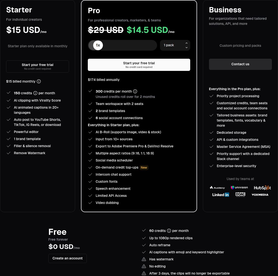 Opus Clip's pricing page, with the Free, Starter, Pro and Business plans