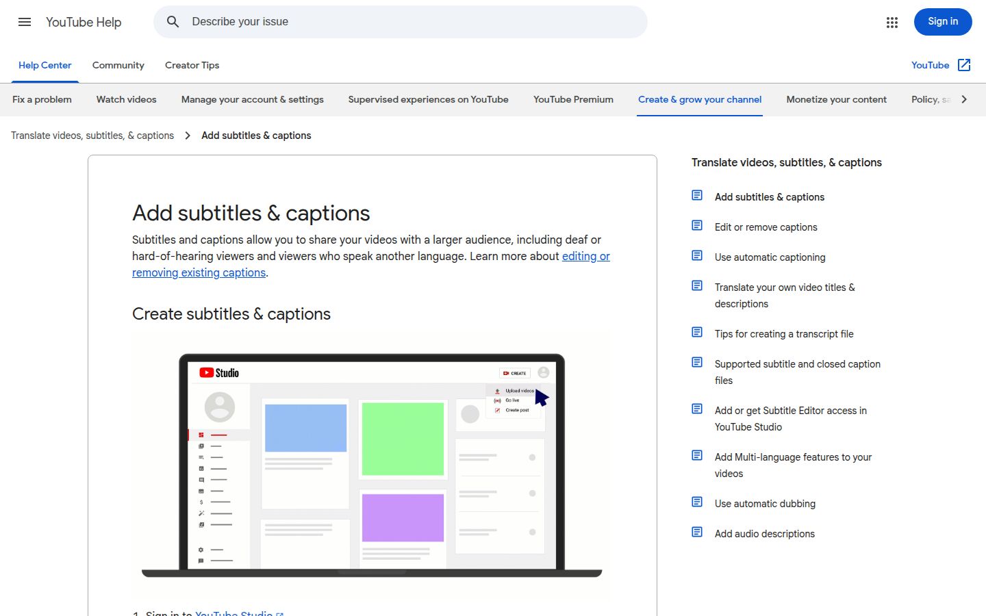 YouTube Help page on adding subtitles and captions